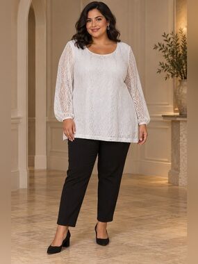 Nina Leonard 2X White Silver Foiled Lace Tunic Top